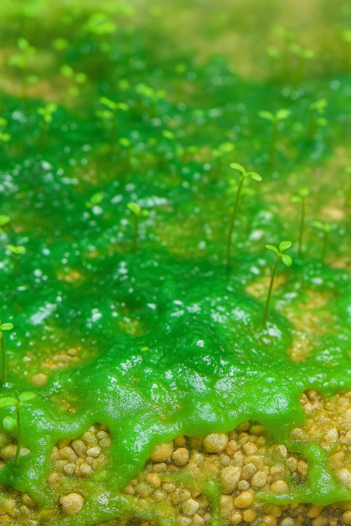 Cianobacterias verde-azuladas cubriendo sustrato y plantas de acuario