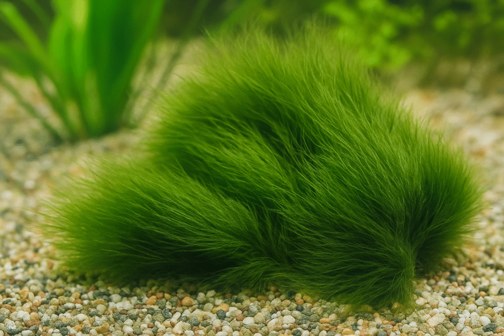 Alga de pelo verde en plantas de acuario mostrando filamentos largos y finos hair algae