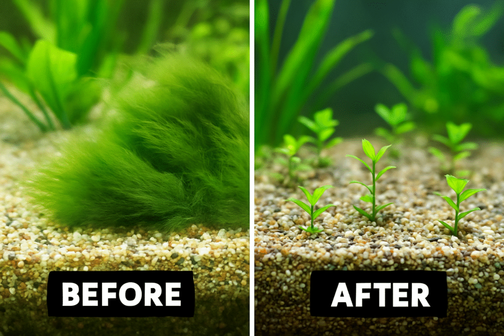 Fotografia del antes y despues de eliminar el algo de pelo en el acuario.